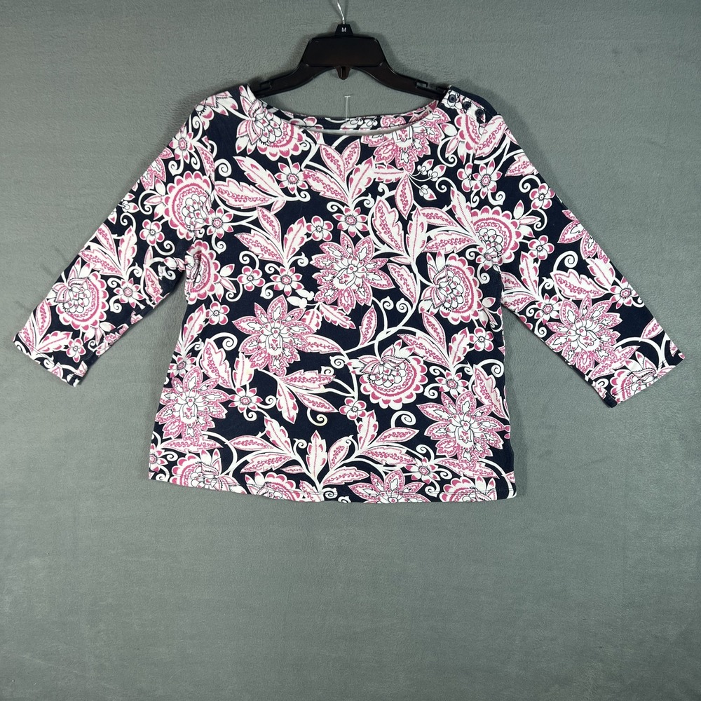 Charter Club Women's‎ M Navy Blue Pink White Floral Paisley Pima Cotton Top 3/4